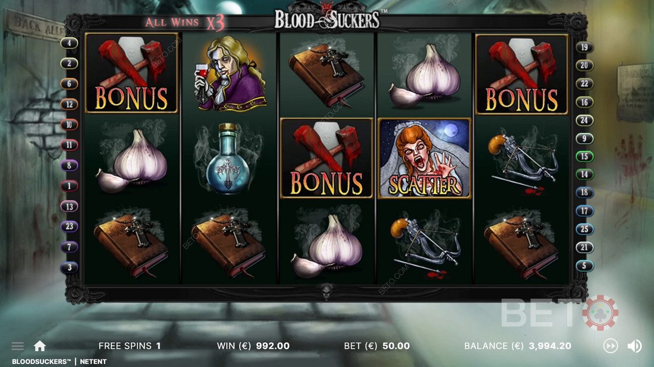 3 бонус симбола на правим позицијама покрећу Бонус игру у Блоод Суцкерс слоту