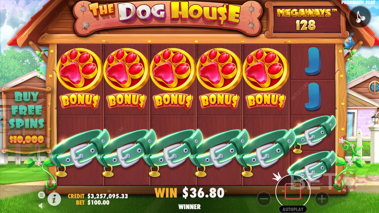 Детаљан интерфејс за игру The Dog House Megaways казина слотова