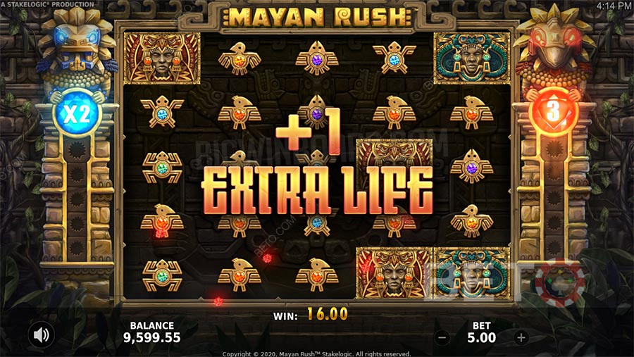 Mayan Rush бонус функције укључују бесплатне окрете, множитељ и функцију коцкања