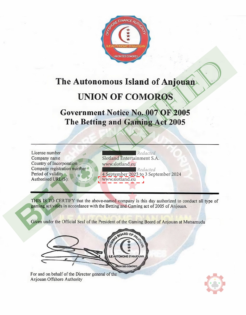 Слотланд је лиценциран од стране Уније Коморских острва као што је верификовано од стране БЕТО-а