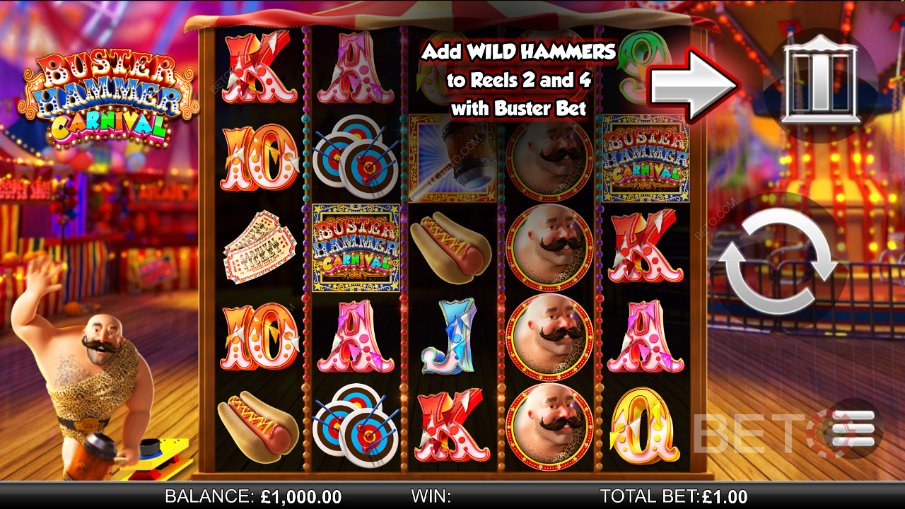 Buster Hammer Carnival - доживите моћне бесплатне вртње и функцију Голд Вилд Хаммер - слот из Reel Play а