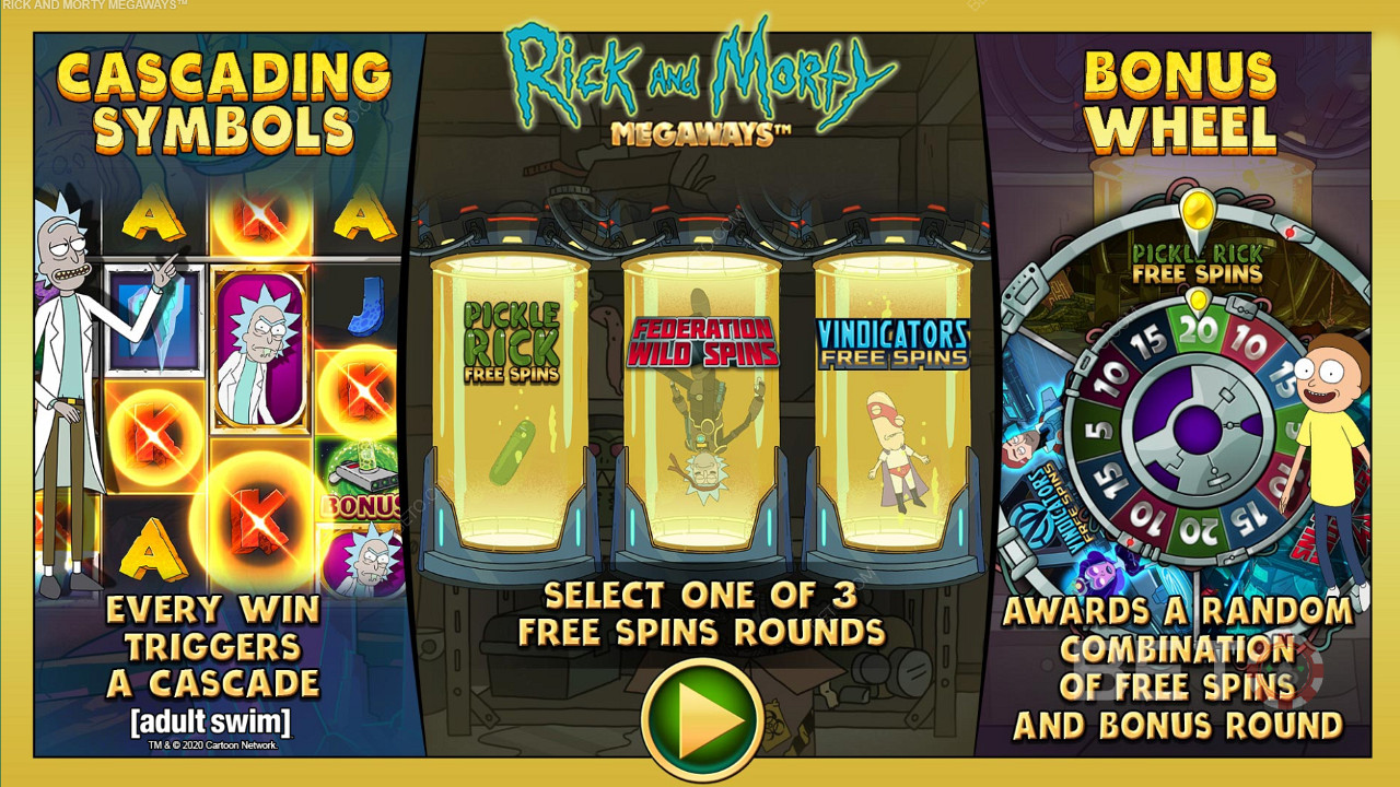 Уживајте у три различите врсте бесплатних окретаја у Rick and Morty Megaways слот машини