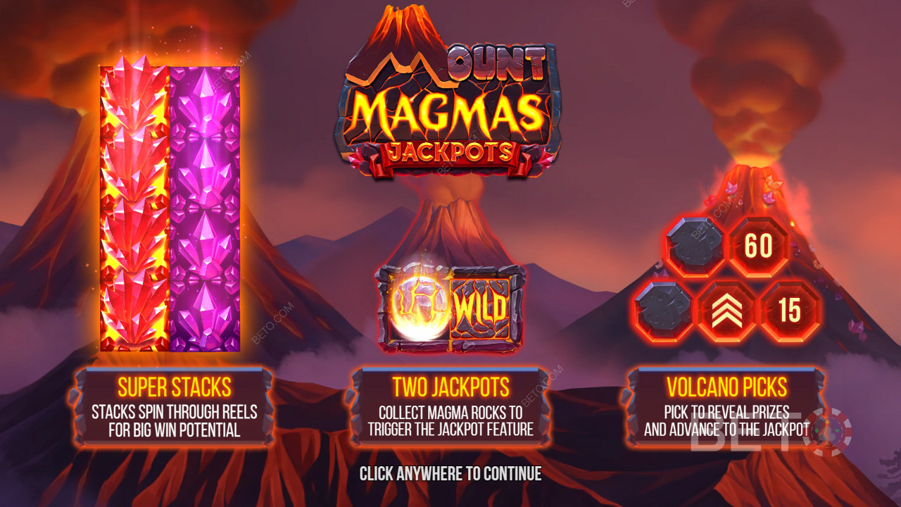 Уживајте у Супер Стацкс, 2 џекпота и Волцано Бонус функцији у Mount Magmas слоту