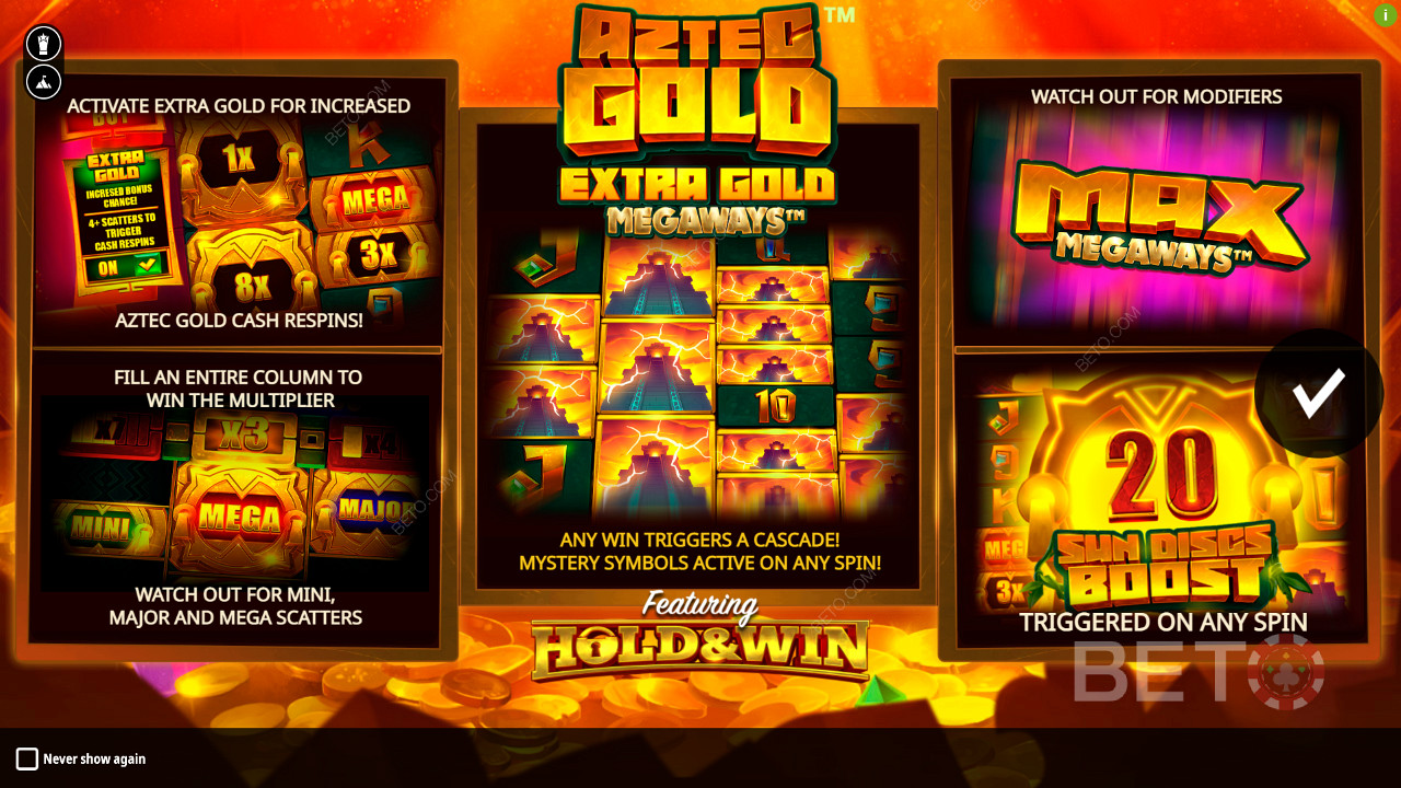 Уживајте у вишеструким бонус функцијама у Aztec Gold Extra Gold Megaways слоту
