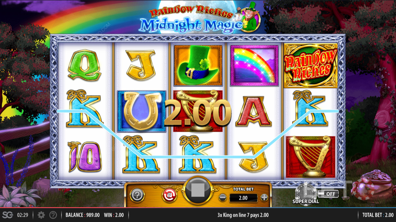10 различитих активних исплатних линија у Rainbow Riches Midnight Magic слоту