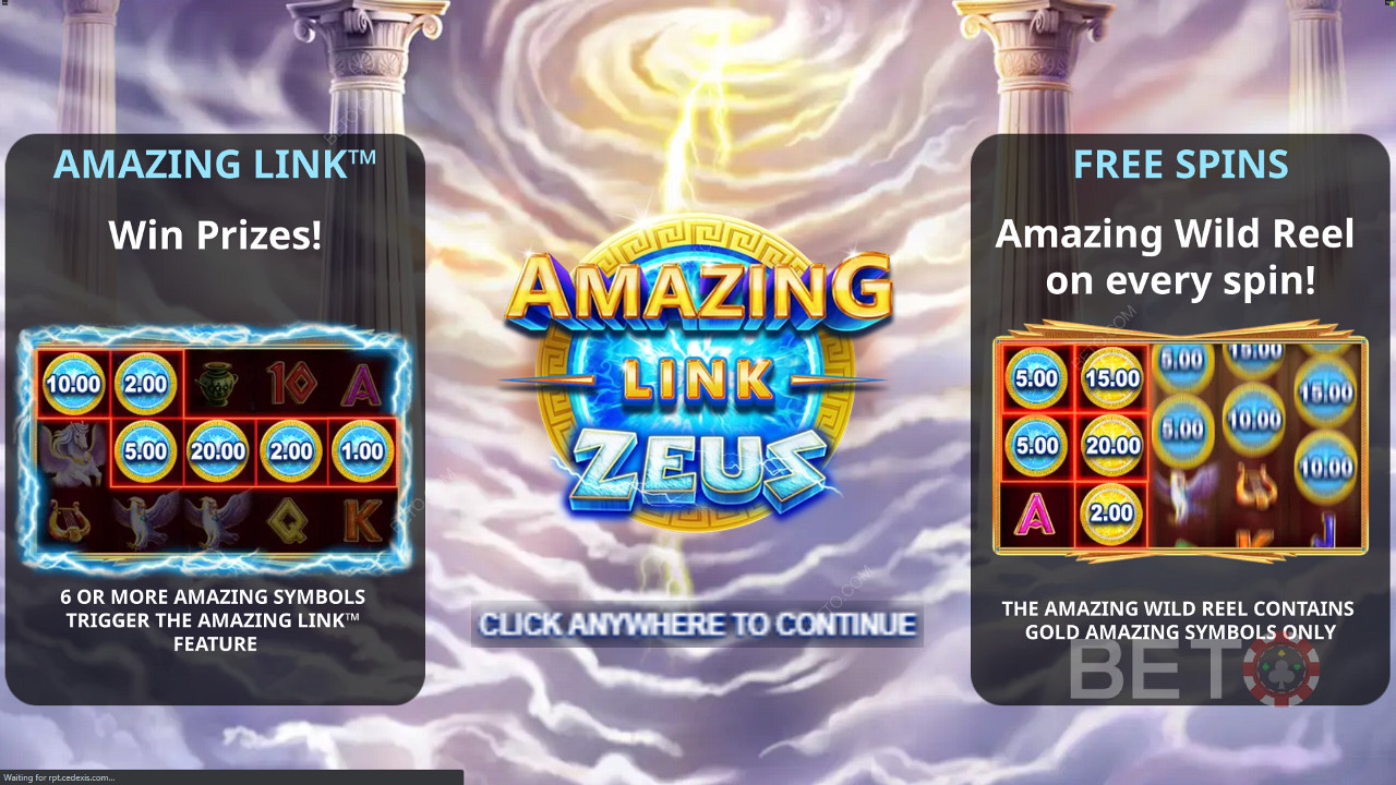 Amazing Link Zeus уводни екран који приказује бонус бесплатних окретаја