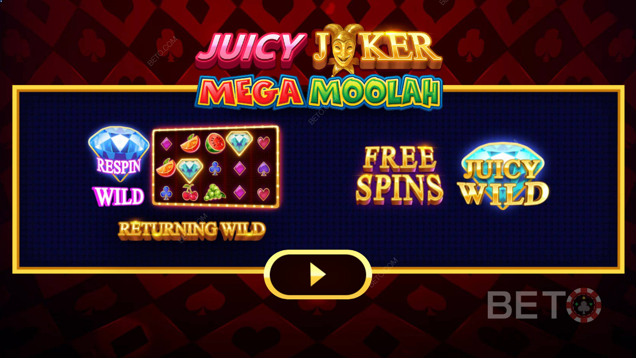 Уводни екран Juicy Joker Mega Moolah који објашњава различите појачиваче