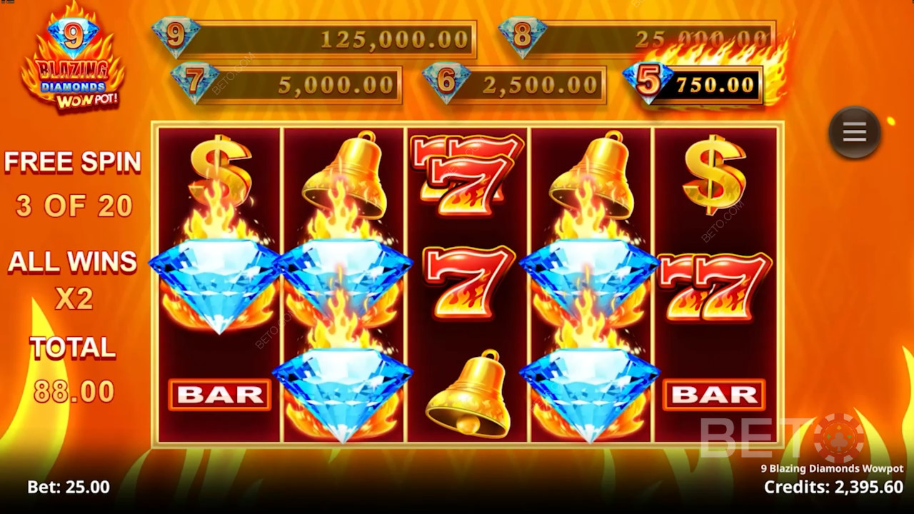 9 Blazing Diamonds Wowpot преглед од БЕТО слотова