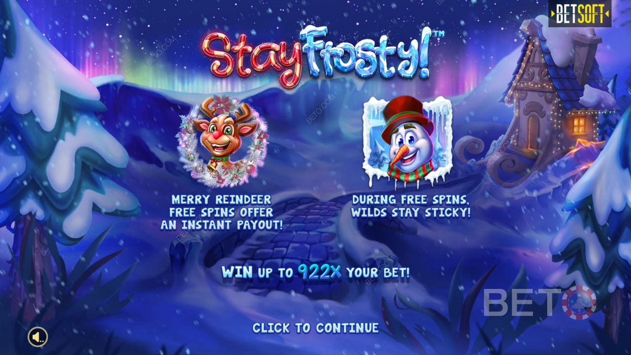 Уводни екран у Stay Frosty! Весели ирваси бесплатни окрети и максимални добитак од 922 пута ваше опкладе!