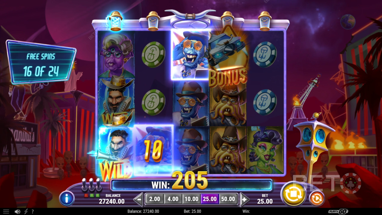 Бонус функције објашњене у игри Invading Vegas Revenge on Mars од Play